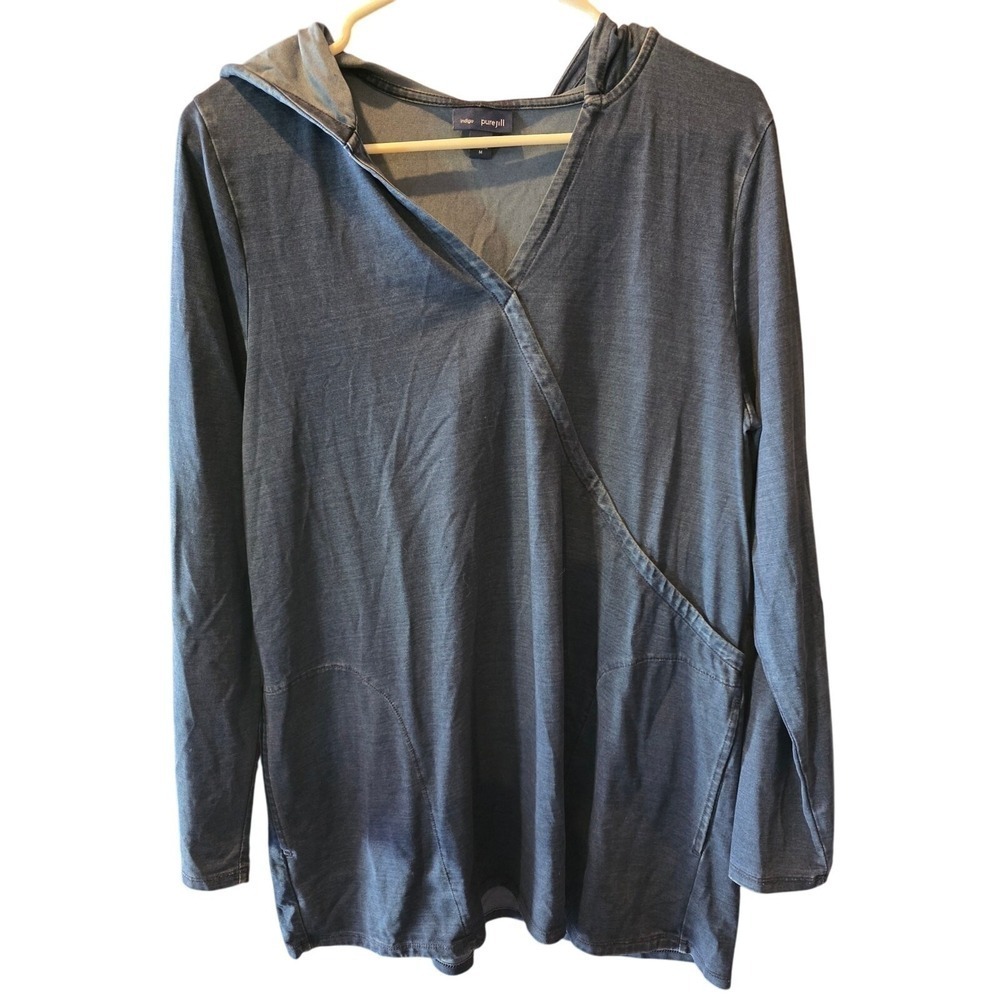 J.Jill Pure Jill Hooded Tunic Top M Womens Blue‎ Long Sleeve Pockets Lagen Look